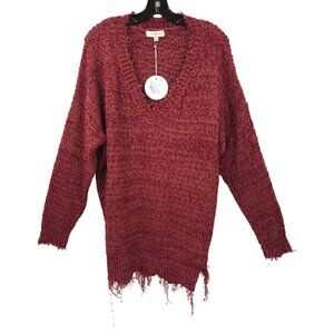 Umgee Sweater Womens XL Distressed Hem V Neck Pullover Knit Wine NEW